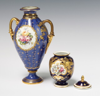 A Royal Crown Derby baluster vase, the blue and gold ground decorated with a panel of spring flowers 9cm (with a similar lid), together with a ditto 2 handled vase the pale blue ground decorated with a panel of flowers 20cm 