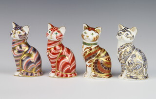 A Royal Crown Derby Imari pattern paperweight Majestic Cat with gold stopper limited edition no.1536/3500 13cm, ditto Marmalade with gold stopper no.1184/2500 13cm, ditto cat (no stopper and second) 13cm and another (no stopper) 13cm  

