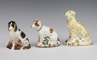 Three Royal Crown Derby Imari pattern paperweights - Parson Jack Russell Terrier with gold stopper 12cm, Molly with gold stopper 11cm and Labrador with gold stopper 15cm