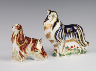 A Royal Crown Derby Imari pattern paperweight American Spaniel with gold stopper 11cm and ditto Rough Collie with gold stopper 15cm 