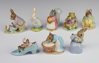 Eight Beswick Beatrix potter figures - Anna Maria 8cm, Good Tiptoes 9cm, Mr Benjamin Bunny and Peter Rabbit 10cm, Mr Drake Puddle Duck 10cm, Cottontail 9cm, Samuel Whiskers 9cm, The Old Woman Who Lived in a Shoe 6cm and Mr Jeremy Fisher 8cm 