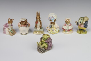 Seven Beswick Beatrix Potter figures - Tommy Rock 9cm, Hunca Munca Sweeping 9cm, The Old Woman Who Lived in a Shoe 9cm, Lady Mouse from Tailor of Gloucester 10cm, Mrs Tiggy Winkle 9cm, Mr Jackson 7cm and Fierce Bad Rabbit 12cm  