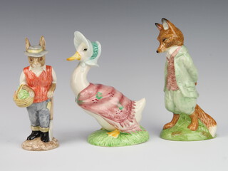 A Royal Albert Beatrix Potter figure - Jemima Puddle Duck 19cm, ditto Foxy Whiskered Gentleman 19cm and a ditto Beswick figure ECF3 Gardener Rabbit 16cm (small chip to ear)  