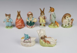Seven Beswick Beatrix Potter figures - Tom Kitten 9cm, Foxy Whiskered Gentleman 12cm, Old Mr Brown 9cm, Mr Benjamin Bunny 12cm, Jemima Puddle Duck Made a Feathered Nest 6cm, Poorly Peter Rabbit 10cm, Cousin Ribby 9cm and a Royal Albert ditto Benjamin Wakes Up 7cm 