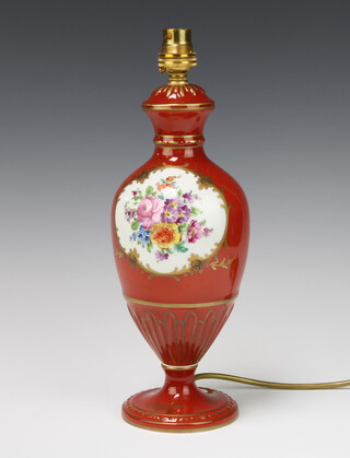 A 20th Century Dresden porcelain table lamp the ochre ground with a panel of spring flowers 28cm 