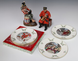 Two Royal Doulton figures - Drummer Boy HN2679 20cm and Past Glory HN2484 19cm together with 6 Royal Doulton Christmas plates 20cm 
