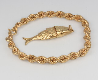 A 9ct yellow gold rope twist bracelet and a ditto articulated fish charm, 11 grams 
