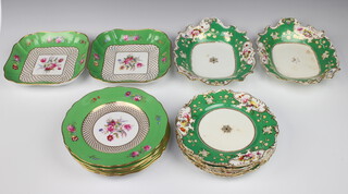 Spode for Thomas Goode & Co., an 8 piece green and gilt banded and floral pattern dessert service with 2 bowls 22cm x 21cm (1 chipped) and 6 plates 23cm (3 chipped), together with a Rockingham style 7 piece green and gilt with floral decoration dessert service - 2 oval bowls 28cm x 21cm and 5 plates (1 cracked)  