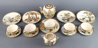 A 19th/20th Century 16 piece Japanese Satsuma porcelain tea/coffee service, all with seal mark to base, comprising teapot, sugar bowl (lid missing), 5 plates decorated Mount Fuji, 4 saucers (1 with large chip) and 5 tea cups