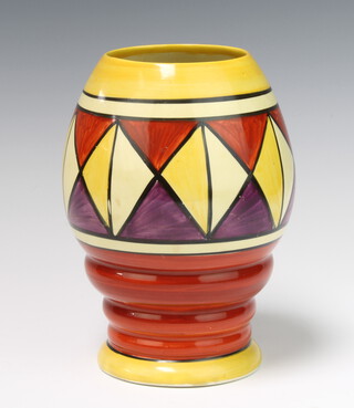 A Clarice Cliff Bizarre pattern pottery vase with geometric designs, base impressed 362 and with rubber stamp mark, 20cm 