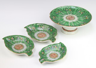A Chinese famille verte comporte with leaf decoration 9cm x 9cm (chip to rim) together with 3 graduated leaf dishes 20cm x 16cm (chip to rim), 18.5cm x 12.5cm and 18cm x 11cm 