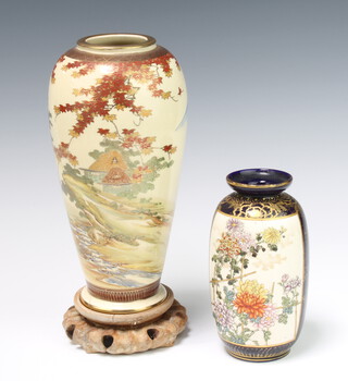 A Japanese Satsuma porcelain vase decorated landscape and pagoda, the base with seal mark 25cm h x 8cm (base f and r) and 1 other with panelled decoration of court figures and chrysanthemums the base with seal mark 16cm x 5cm 