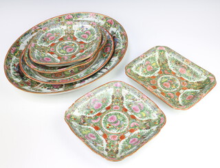 A Chinese Cantonese oval meat plate 42cm x 33.5cm, 1 other 31.5cm x 25.5cm, 2 shaped bowls 26cm x 21cm and 27cm x 21.5cm (chip to rim), a rectangular dish 23cm x 18cm and a square dish 22cm x 22cm (chips to corner), all marked Made in China  
