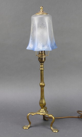 A brass Pullman lamp with blue etched glass shade 52cm x 13cm 