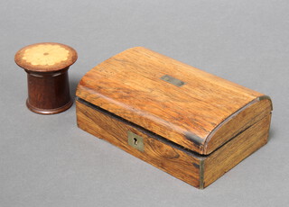 A Victorian rectangular arched rosewood trinket box with hinged lid 5cm x 14cm x 9cm, the back joints require glue, together with a 20th Century cylindrical nutmegger contained in a wooden case with a nutmeg in the base, the top inlaid a Tudor rose 5cm x 5cm (top r)