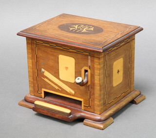 An Art Deco inlaid mahogany table top cigarette dispenser with playing cards, cigarettes and matchings 14cm h x 17cm w x 13cm d 
