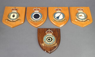 Five metal and oak Royal Air Force squadron plaques - No.7, No.40, No.85, No.97 and No.115 squadrons  