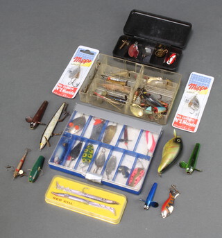 A quantity of vintage fishing lures, salted Devons, Devons plugs, Quill minnows etc, 