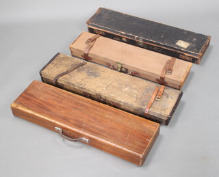 A 19th/20th Century rectangular shotgun case, lid labelled Charles B G S Well 26 The Strand, London 9cm h x 83cm l x 22cm w (hinge f), a fabric ditto with brass lock and leather mounts 8cm x 77cm x 20cm, both with fitted interiors, ditto fibre shotgun case interior labelled John Blanch & Sons 9cm x 83cm x 21cm  (worn in places), a mahogany ditto 8cm x 79cm x 24cm 