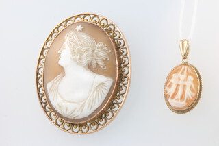 A 9ct yellow gold oval cameo portrait brooch 48mm x 42mm, a ditto pendant 