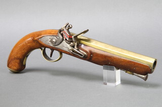 An early 19th century (circa 1830) Naval Officers flintlock pistol. The brass octagonal barrel measuring 7.5 inches and approx 18 bore with walnut stock. Signed SHARPE on the lock plates with the breeches signed LONDON and stamped with Birmingham proof mark and view mark. The tang and lock plate with engraved leaf motif, the brass trigger guard engraved sunburst motif. The brass butt plate also engraved. Complete with steel ramrod.