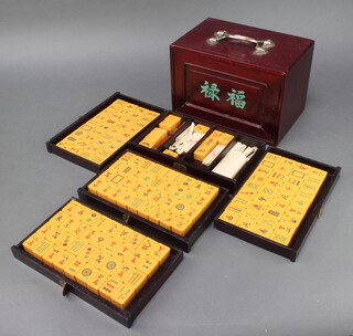 A plastic Mahjong set contained in a hardwood chest fitted 5 drawers 17cm h x 25cm w x 16cm d