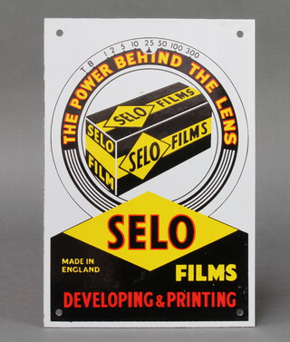 A Selo enamelled advertising sign - The Power Behind The Lens, Selo Films Developing & Printing 26cm h x 18cm w