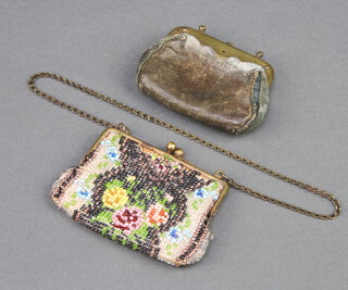 A dolls beadwork purse with gilt mounts 4cm x 8cm together with a leather purse with gilt mounts 5cm x 7cm (chain missing)