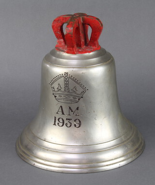 An RAF brass "scramble" bell from the R.A.F Poling radar base in West Sussex, stamped A.M 1939. together with a photo of WAAF Avis and a mahogany display cabinet. This bell was situated by the sleeping quarters of the base and was used extensively on the 18th of August 1940 known as "the hardest day" in the Battle of Britain. On the day the Luftwaffe attempted to destroy the Polling radar station with a large formation or Stuka (Junkers Ju 87) dive bombers. As remembered by Poling W.A.A.F Avis Parson "During this time it was put to great use. Oh how I hated it at times. I would be in a deep sleep, having been on duty all night, but it would keep ringing until everyone was in the shelter".  Parsons would receive the Military Medal for her actions on that night.  Provenance - taken from the Poling base upon demolition in 1956 by David Balaam, gifted to Bill Weatherly MM for W.A.A.F Avis Parsons in 1999 then gifted to RAF Princess Marina house by Parsons