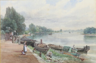 Watercolour, Thames scene with barges, towpath and figure, indistinctly signed and dated 1890 30cm x 45cm 