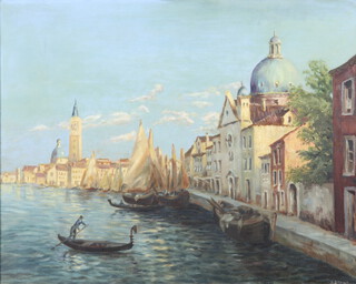 E Stone, impressionist oil painting on canvas, study of Venice with St Marks in distance 39cm x 49cm 
