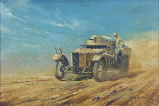 Frank Munger (1920-2010), oil on board "Dessert Ghost" study of a 1914 Patent Rolls Royce armoured car 34cm x 50cm 