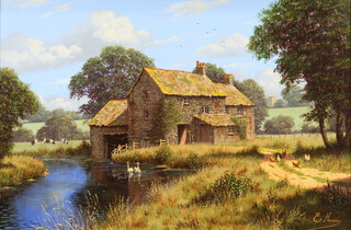 ** Edward Hersey 1984, impressionist oil on canvas, "Country Refelections" rural study of a river with swans and grazing cattle, church in distance 39cm x 60cm  PLEASE NOTE - Works by the artist are subject to Artists Resale Rights 
