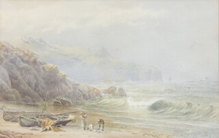 19th Century watercolour, seascape with fishing boats and figures, indistinctly signed to bottom right hand corner 30cm x 47cm d 