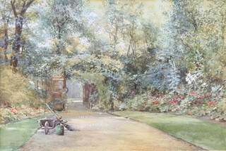 Watercolour drawing, study of an English country garden with wall, boarders, wheelbarrow and watering can 23cm x 34cm 