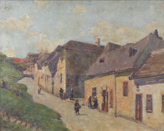 Oil on canvas, Hungarian rural street scene with figures 38cm x 48cm, indistinctly signed to bottom left hand corner 
