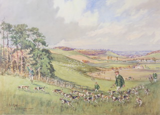 John Gregory King (1928-2014), limited edition signed coloured print "Meet of the Valley Beagles, 50th Anniversary Teglease Down" 48cm x 60cm, signed in pencil 