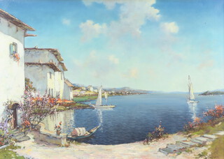 Oil on canvas, Mediterranean scene with buildings and yachts 50cm x 69cm, signed J W Wagner