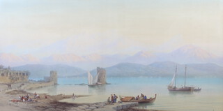 Charles Vacher (1818- 1883), watercolour a view of Carrara mountain, Tuscany with with fishing boats and traders in the foreground. Monogrammed and dated 1870 50cm x 101cm, bears label to the reverse Charles Vacher Esq for the Boltons, South Kensington London, The Carrara Mountains from Speggeas No.1  