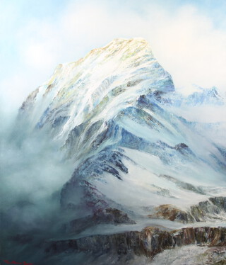 Tilottama Basu, oil on canvas "Mist and Mountains, Nilkanth 1972" marked to the reverse and signed 106cm x 89cm 