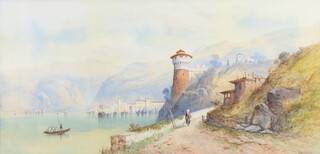 Edwin Saint John (act.1880-1920), 19th Century watercolour, Continental mountain lake with buildings and figures, signed 29cm x 60cm 