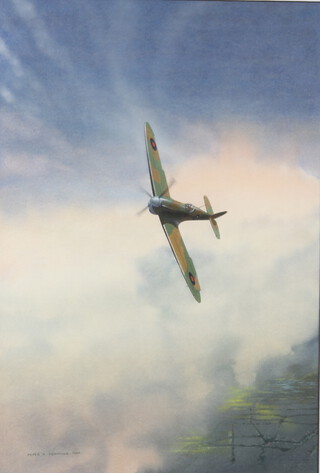 Peter A Henville, watercolour, study of a Spitfire in flight, signed and dated 1989 52cm x 35cm 