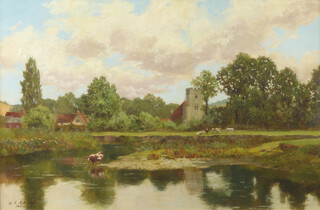 A J Roberton, oil on canvas, study of country church with river and watering cattle signed and dated 1884, 38cm x 59cm 