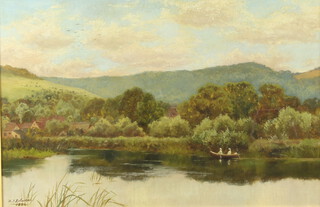 A J Roberton, oil on canvas, study of a river by hillside with boaters, signed and dated 1884, 38cm x 59cm 