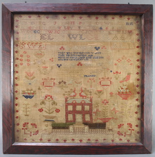 A Victorian woolwork sampler by Barbara Leith with house, motto, alphabet and birds 53cm x 53cm contained in a rosewood finished frame 
