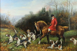 20th Century oil on board, huntsman with hounds 59cm x 89cm, unsigned 