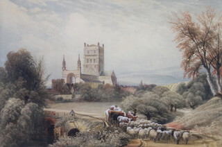 Edwardian watercolour unsigned, extensive study of Tewkesbury Abbey with figures, cattle and sheep 59cm x 88cm 
