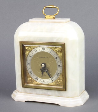 Elliott, a mantel timepiece with gilt dial, silvered chapter ring and Roman numerals marked Mumford & Perry Ltd, contained in a white onyx case 17cm h x 17cm w x 7cm d 