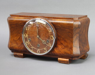 Hamburg American Clock Co., an Art Deco striking mantel clock with Arabic numerals, contained in a figured walnut case, striking on gongs, complete with key and pendulum 18cm h x 33cm w x 13cm d 