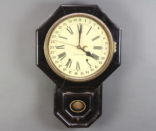 Seth Thomas, a striking wall clock, the 30cm painted dial with Roman numerals, dates and gilt calendar hand, marked Seth Thomas USA, contained in an octagonal ebonised drop dial case, complete with pendulum but without a key 
